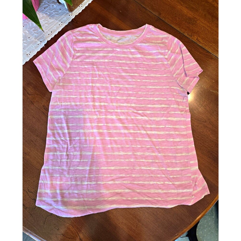 Old Navy Women's Pink White Striped Crew Neck Short Sleeve T-Shirt L